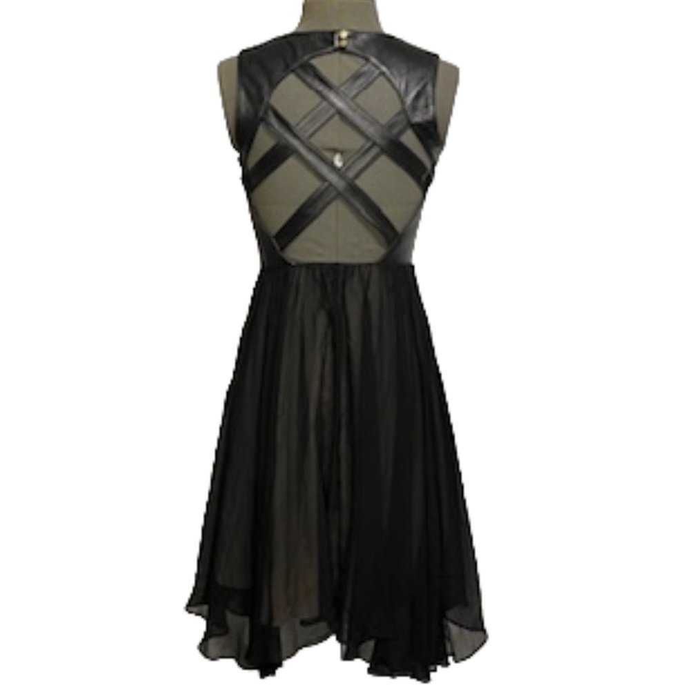 NICOLE MILLER Black Supple Leather and Chiffon Cocktail Dress Size 0, NWT